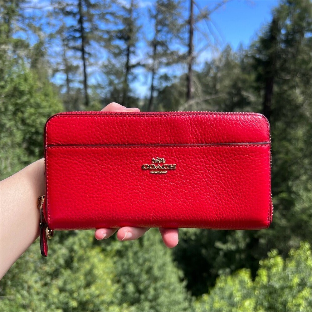 COACH Long Zip-Around Red Pebble Leather Wallet w Gold Hardware AUTHENTIC
